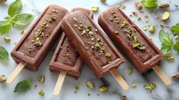 Delicious chocolate popsicles topped with nuts and rose petals for a refreshing treat photo