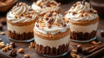 Cupcakes with creamy frosting and toppings on a wooden table in a cozy setting photo