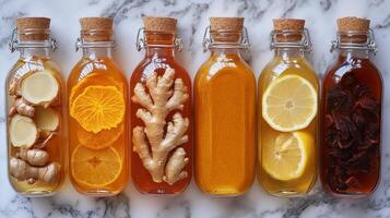 Vibrant assortment of fresh juice bottles with citrus fruits on a marble surface photo