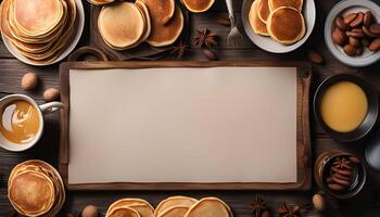 Pancakes and Coffee on a Wooden Table photo