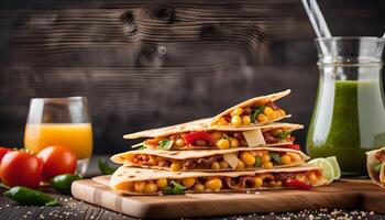 Delicious Stack of Quesadillas with a Side of Juice photo