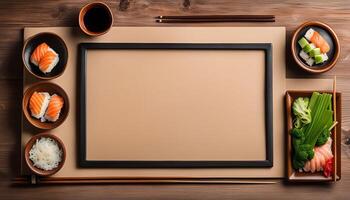 Sushi and Ingredients on a Wooden Table photo