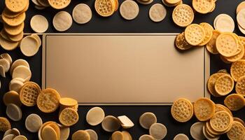 Golden Cookies and Cream Crackers on Black Background photo