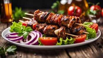 Grilled Meat Skewers with Vegetables on a White Plate photo