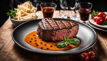 Grilled Steak with Sauce and Basil photo
