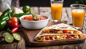 Delicious Mexican Quesadillas with Salsa and Orange Juice photo