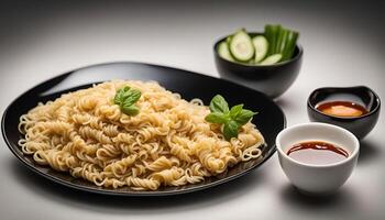 A Plate of Noodles with Sauce and Cucumber photo