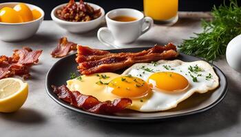 Delicious Breakfast with Eggs, Bacon and a Touch of Greenery photo