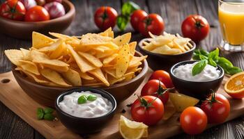 A Bowl of Crunchy Tortilla Chips with Dip photo