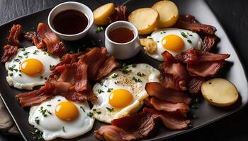 Classic Breakfast with Crispy Bacon and Sunny Side Up Eggs photo