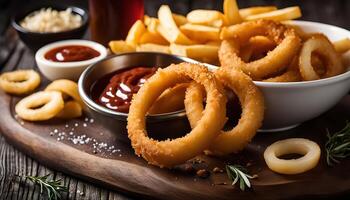 Crispy Onion Rings and French Fries with Ketchup photo