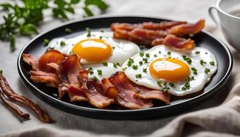 Delicious Breakfast with Fried Eggs and Crispy Bacon photo