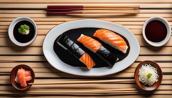 Sushi Set with Soy Sauce and Chopsticks photo