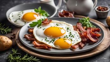 Delicious Breakfast with Sunny-Side Up Eggs and Crispy Bacon photo