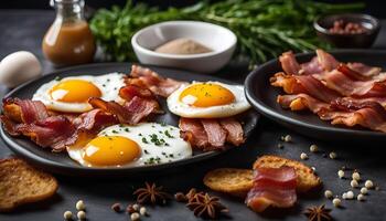 Delicious Breakfast of Fried Eggs and Crispy Bacon photo