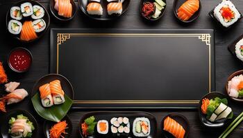 Sushi Platter with Empty Slate for Menu or Text photo