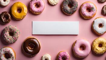 A Colorful Array of Donuts on a Pink Background with a Blank White Rectangle in the Center photo