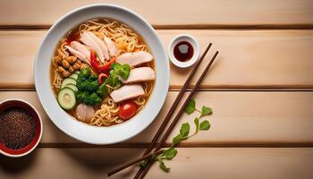 Delicious Asian Noodle Soup with Chicken and Vegetables photo