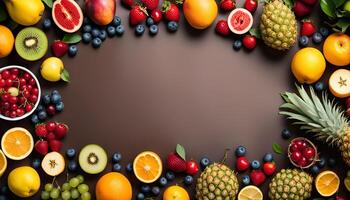 Colorful Fruit Frame on Brown Background photo