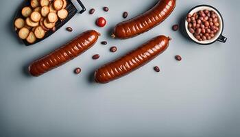 Smoked Sausage and Crackers on a Grey Background photo