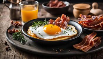 Delicious Breakfast with Fried Egg and Crispy Bacon photo