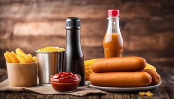 Corn Dogs with Ketchup, Mustard, and Corn photo