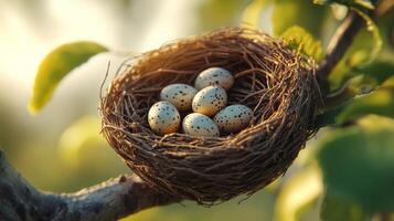 Nest with speckled eggs resting on a mossy tree branch in a serene natural setting photo