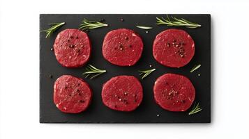 Fresh cuts of beef steaks garnished with rosemary on a dark wooden surface photo