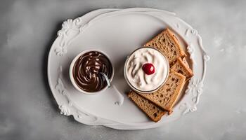 Dessert Plate with Chocolate, Whipped Cream, and Toast photo