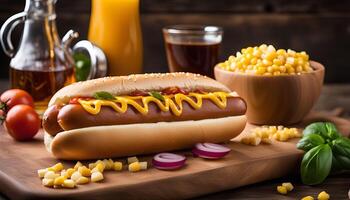 Hot Dog with Mustard, Ketchup and Onion photo