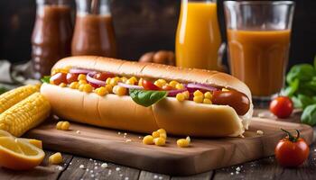 Hot Dog with Corn, Tomatoes and Onions photo
