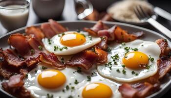 Delicious Breakfast with Fried Eggs and Crispy Bacon photo