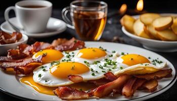 Delicious Breakfast with Fried Eggs, Crispy Bacon, and a Side of Potatoes photo