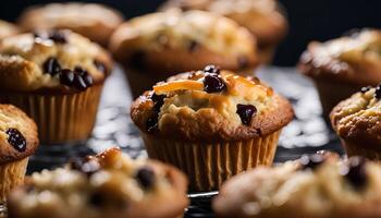 Close up of Freshly Baked Chocolate Chip Muffins photo