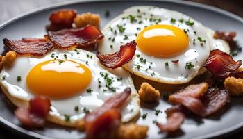 Fried Eggs with Crispy Bacon and Toasted Croutons photo