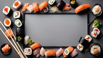 Sushi and Sashimi on a Grey Background with an Empty Space photo
