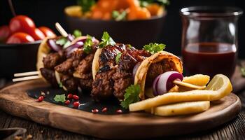 Grilled Meat Skewers with Bread and Onions photo