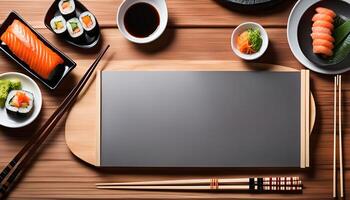 Sushi Menu Background, Delicious Food and Empty Space for Text photo