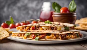 Delicious Quesadilla with filling of meat, cheese, vegetables, and herbs on white plate photo