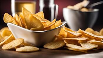 Crispy crackers in a bowl and scattered around photo