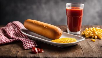 Close-up of a Corn Dog with Tomato Juice and Corn Kernels photo