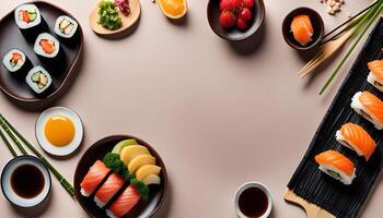 Sushi Platter with Salmon, Cucumber, and Avocado photo