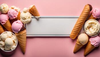 Ice Cream Cones and Scoops on Pink Background photo