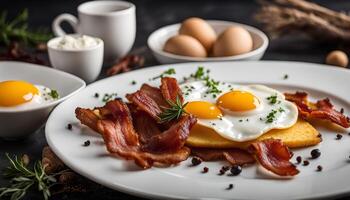 Delicious Breakfast Plate with Fried Eggs and Crispy Bacon photo