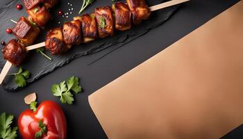 Grilled Meat Skewers on Black Slate with Copy Space photo