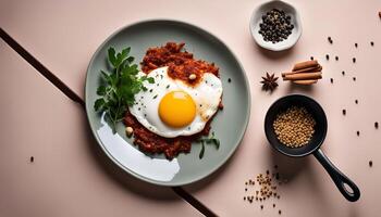 Fried Egg with Parsley on a Plate with Spices photo