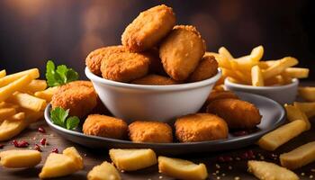 Chicken Nuggets and French Fries on a Wooden Table photo