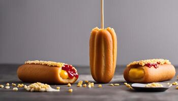 Close-up of three corn dogs with toppings photo
