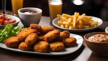 Chicken Nuggets with Fries, Ketchup, and Sauce photo