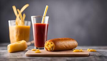 A Delicious Corn Dog with Tomato Juice photo